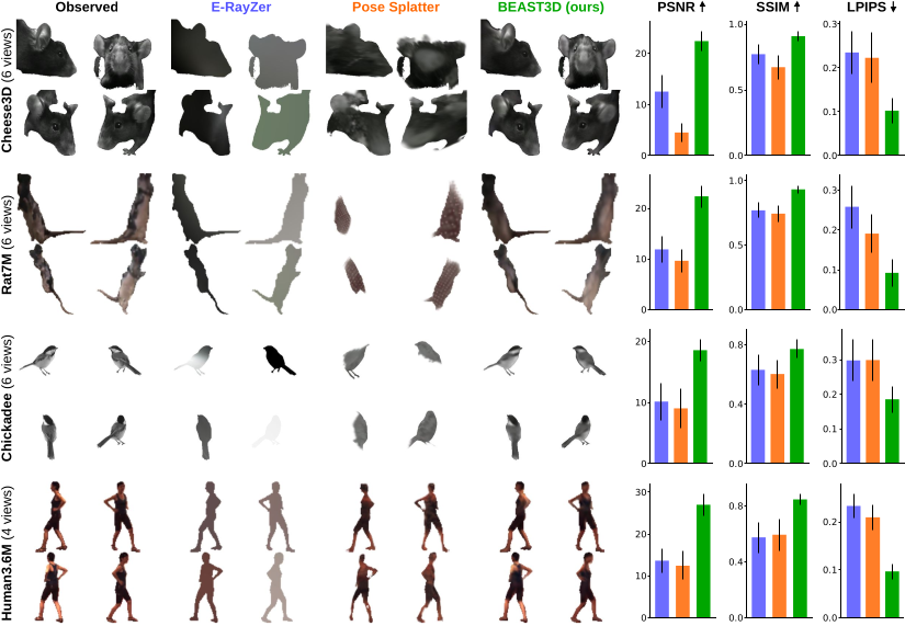 Held-out target views and reconstructions from E-RayZer, Pose Splatter, and BEAST3D, plus per-dataset PSNR, SSIM, and LPIPS bar charts where BEAST3D leads.