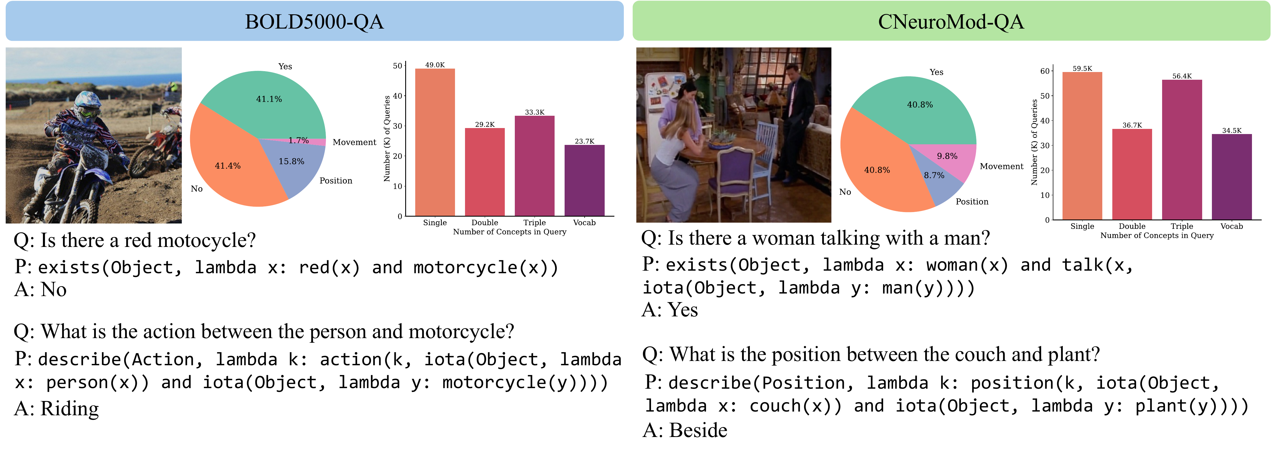 BOLD5000-QA and CNeuroMod-QA dataset examples and distributions